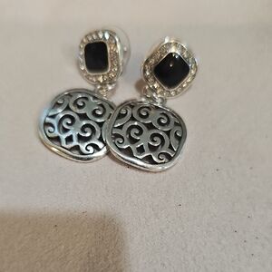 Brighton Silver Filigree Drop Earrings with Black Onyx Accents